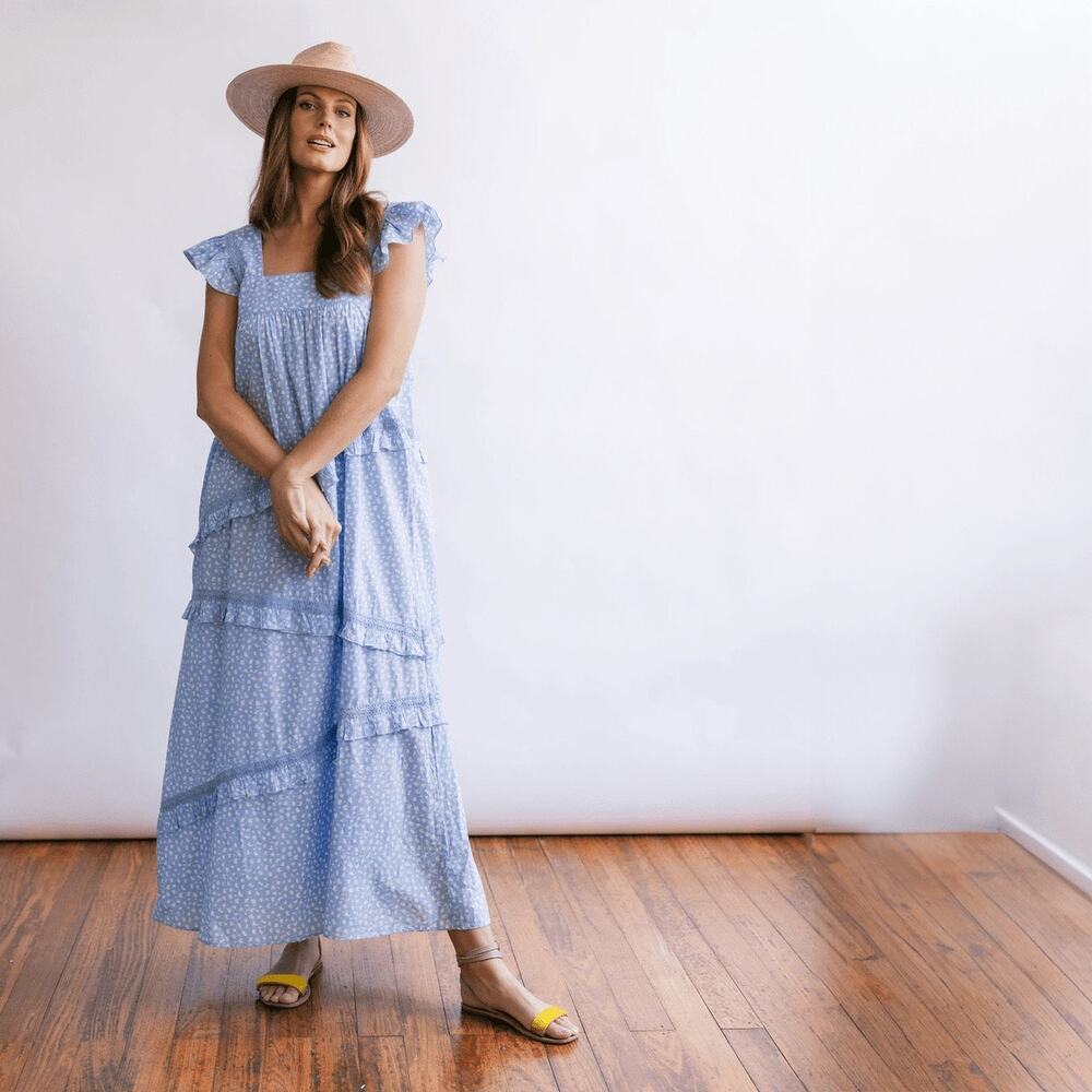 NEW Sunshine Tienda Dot Olla Maxi Dress XS 100% cotton Blue White Ruffle